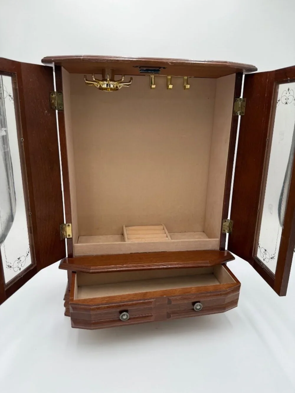 Vintage Wooden Jewelry Box Glass Doors Drawer 90's Storage Drawer
